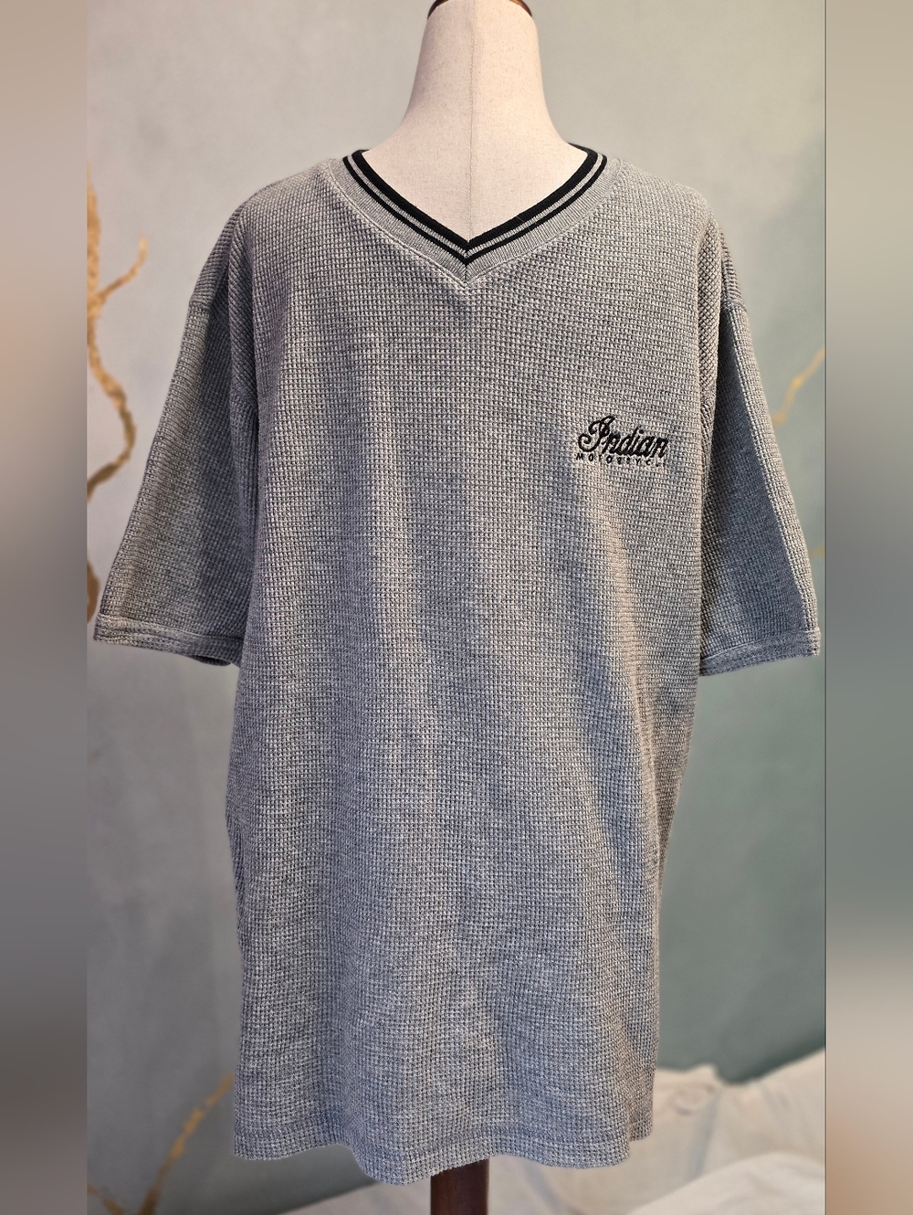 Vintage Indian Motorcycle Short Sleeve V Neck Waffle Knit 100% Cotton Shirt XL